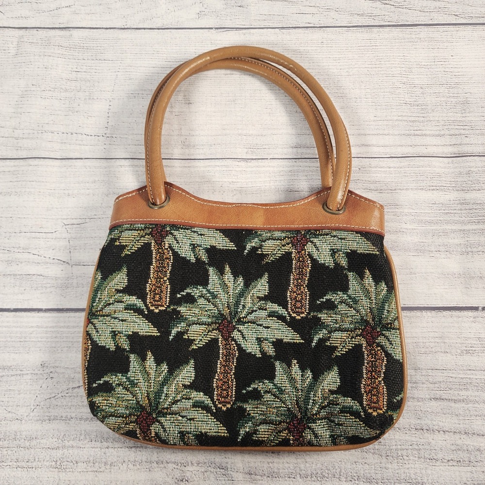 Scala Collezione Palm Tree Tapestry Handbag Tropical Vintage Satchel Tan Black